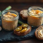 Стеклянная баночка с нежной розоватой намазкой из смальца с чесноком, рядом лежат ломтики черного хлеба и соленые огурцы.