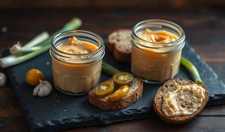 Стеклянная баночка с нежной розоватой намазкой из смальца с чесноком, рядом лежат ломтики черного хлеба и соленые огурцы.