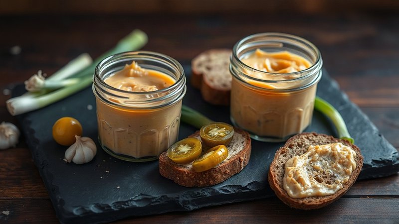 Стеклянная баночка с нежной розоватой намазкой из смальца с чесноком, рядом лежат ломтики черного хлеба и соленые огурцы.