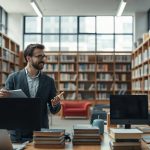 Преподаватель в светлом зале современной библиотеки среди стеллажей с книгами и учебной техникой