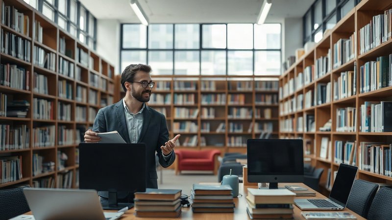 Преподаватель в светлом зале современной библиотеки среди стеллажей с книгами и учебной техникой