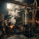 Чугунный вертикальный цилиндр и деревянное коромысло атмосферного двигателя Ньюкомена 1712 года.