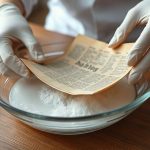 Процесс аккуратного погружения старой пожелтевшей газетной вырезки в плоскую чашу со светлым раствором.