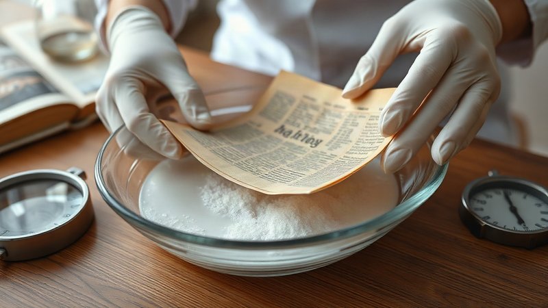 Процесс аккуратного погружения старой пожелтевшей газетной вырезки в плоскую чашу со светлым раствором.