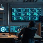 Профессиональная обстановка офиса общественной безопасности с мониторингом мобильной связи и защиты данных.