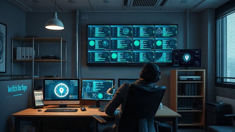 Профессиональная обстановка офиса общественной безопасности с мониторингом мобильной связи и защиты данных.