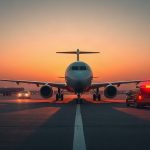 Пассажирский самолет на взлетной полосе аэродрома Табук на рассвете в окружении техники спасательных служб