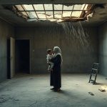 Женщина с ребенком в поврежденной комнате аварийного многоэтажного здания в Газе под угрозой обрушения