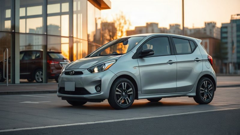 Серебристый хэтчбек Subaru Impreza возле автосалона в лучах заката