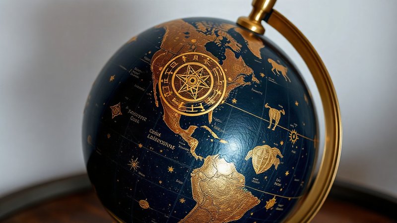 Небесный глобус из темно-синей тисненой кожи и полированной латуни