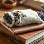 Льняной мешочек-саше с сушеной фиолетовой лавандой лежит на стопке винтажных книг в твердом переплете.