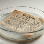 Винтажная газетная вырезка замачивается в плоском стеклянном лотке с прозрачным раствором магнезии.