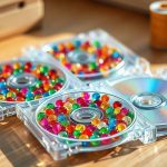 Прозрачные футляры от компакт-дисков с аккуратно разложенными внутри цветными пакетиками бисера на столе.