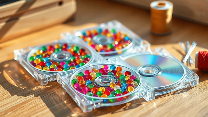 Прозрачные футляры от компакт-дисков с аккуратно разложенными внутри цветными пакетиками бисера на столе.
