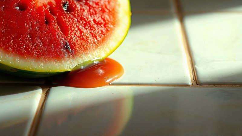 Кусочек спелого сочного арбуза лежит на белой кафельной плитке кухни