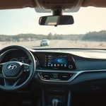 Современный интерьер автомобиля Hyundai с большим центральным мультимедийным экраном на приборной панели и рулевым колесом без традиционного дисплея водителя за ним при ярком дневном свете