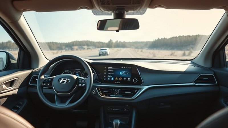 Современный интерьер автомобиля Hyundai с большим центральным мультимедийным экраном на приборной панели и рулевым колесом без традиционного дисплея водителя за ним при ярком дневном свете