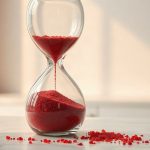 Прозрачные идеальные песочные часы с ярким рубиновым песком на белой столешнице