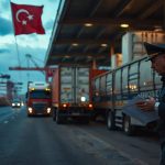 Таможенный терминал в Турции с грузовиками во время проверки документов на импорт подсолнечника
