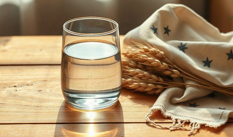 Сосуд с чистой водой, колосья пшеницы и льняной рушник на столе 5 Сентября.