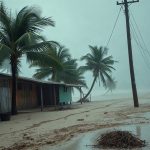 Штормовой прилив и разрушительные потоки воды во время удара урагана Поло по побережью Мексики