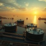 Панорамный вид глубоководного нефтяного терминала и резервуарного парка в лучах утреннего солнца.