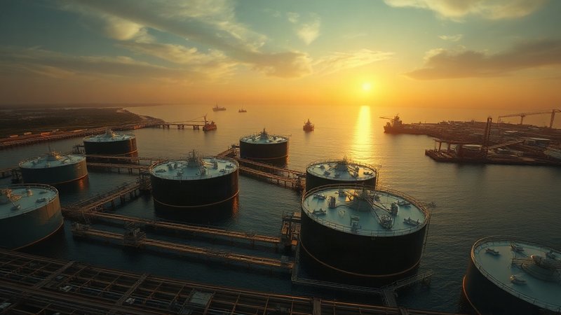 Панорамный вид глубоководного нефтяного терминала и резервуарного парка в лучах утреннего солнца.