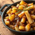 Сковорода с сочной жареной картошкой золотистого цвета с кубиками хрустящих шкварок и обжаренным луком.