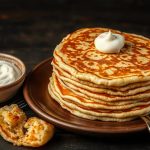 Глиняная тарелка со стопкой пышных золотистых оладий, обжаренных на смальце, с пиалой густой домашней сметаны.