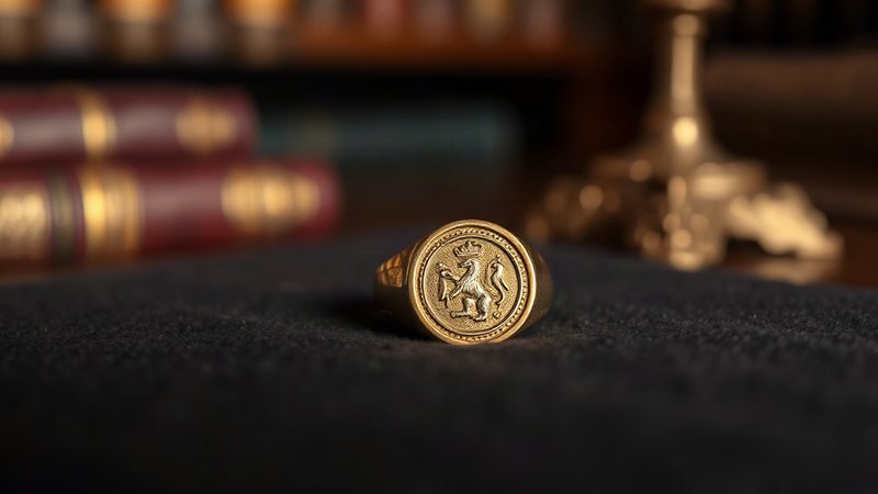 Старинный золотой печатный перстень лежит на черной бархатной салфетке