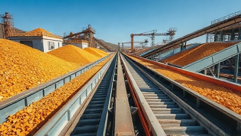 Современный объект геологоразведки и сортировки руды в Восточном Китае с конвейерными лентами, перевозящими богатую медно-золотую руду при ясном дневном свете