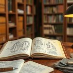 Стопка винтажных советских модных каталогов и латунные очки на зеленом сукне рабочего стола под настольной лампой.