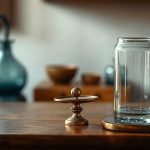 Старинные серебряные аптекарские весы стоят на дубовом столе