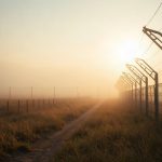 Пограничное заграждение в туманное утро на государственной границе Венгрии