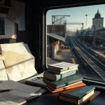 Архивные материалы расследования, цифровые карты и оперативные отчеты спасателей на столе с видом на железнодорожную линию.