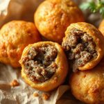 Золотистые пузырчатые чебуреки с хрустящей корочкой на бумажном полотенце рядом с деревянной доской.