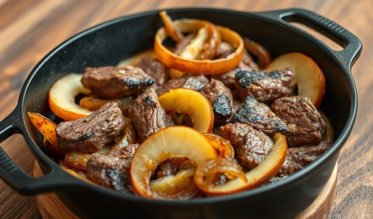 Сочная жареная печень на смальце с луком и кислым яблоком