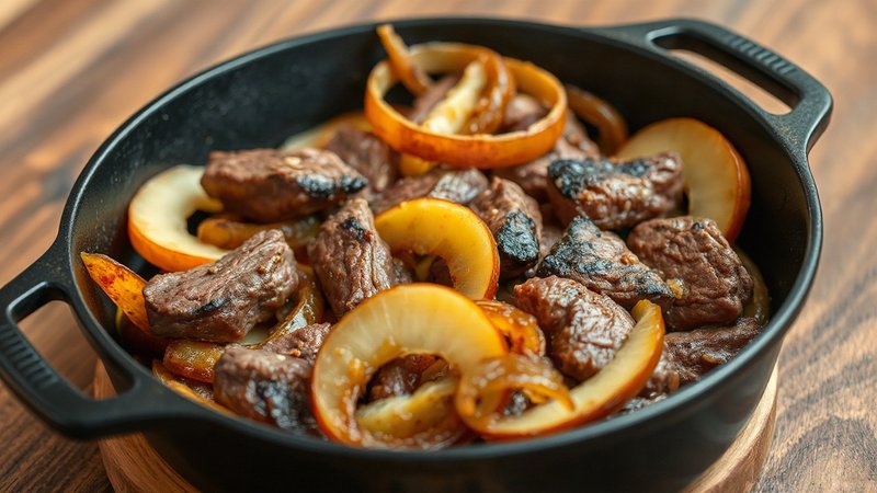 Сочные кусочки жареной печени с обжаренным луком и золотистыми дольками яблок в чугунной сковороде.