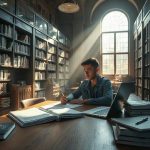 Исследователь работает с научными материалами и статистическими данными в университетской библиотеке
