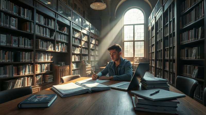 Исследователь работает с научными материалами и статистическими данными в университетской библиотеке