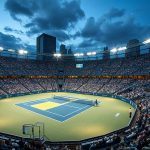 Атмосфера теннисного чемпионата US Open в Нью-Йорке с панорамным видом на стадион вечером.