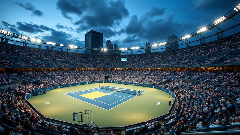 Атмосфера теннисного чемпионата US Open в Нью-Йорке с панорамным видом на стадион вечером.