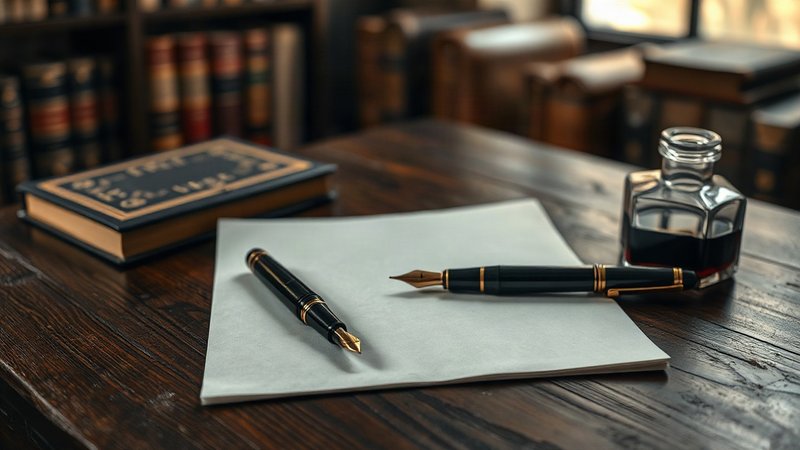 Изящная старинная чернильница с металлическим пером и чистый свиток пергамента лежат на дубовом столе