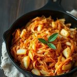 Глубокая чугунная сковорода с аппетитной тушеной капустой янтарного цвета, украшенная лавровым листом и укропом.