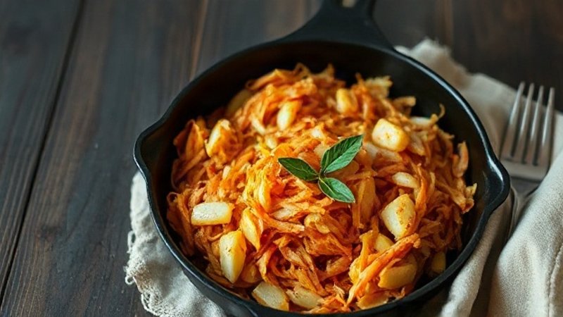Глубокая чугунная сковорода с аппетитной тушеной капустой янтарного цвета, украшенная лавровым листом и укропом.