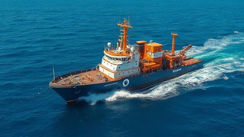 Специализированное морское судно для днопоглибительных работ на поверхности Атлантического океана у берегов Намибии при ярком дневном свете