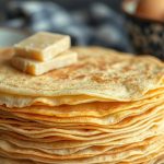 Высокая стопка тонких золотистых блинов на смальце с кружевными краями на белой тарелке.