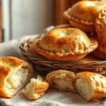 Румяные золотистые пирожки с картошкой, уложенные стопкой на льняном полотенце, один пирожок разломан.