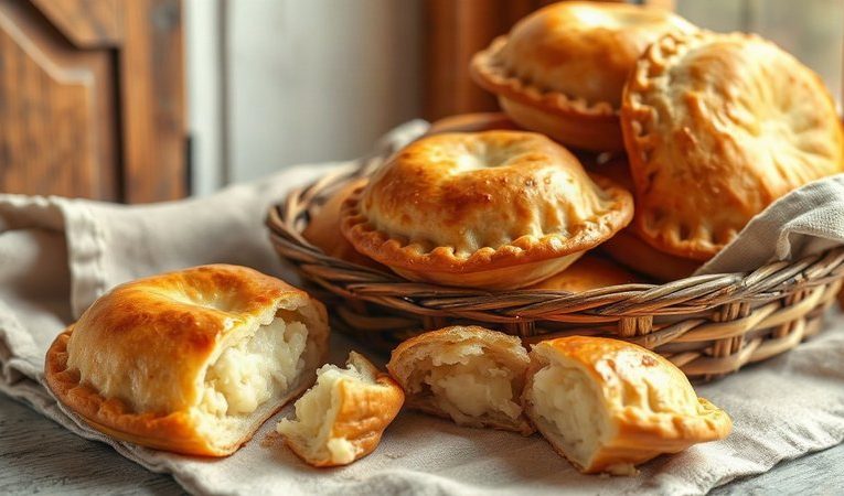 Румяные золотистые пирожки с картошкой, уложенные стопкой на льняном полотенце, один пирожок разломан.