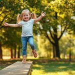 Улыбающаяся маленькая девочка успешно балансирует на невысоком деревянном бревне в парке.